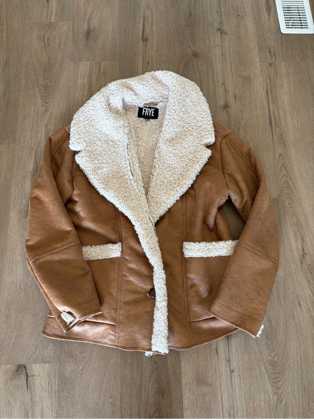 FRYE Tan Leather Teddy Jacket with Cream Shearling Trim